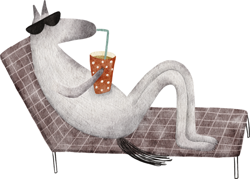 A cartoon of a horse, I think, drinking on a sun lounger