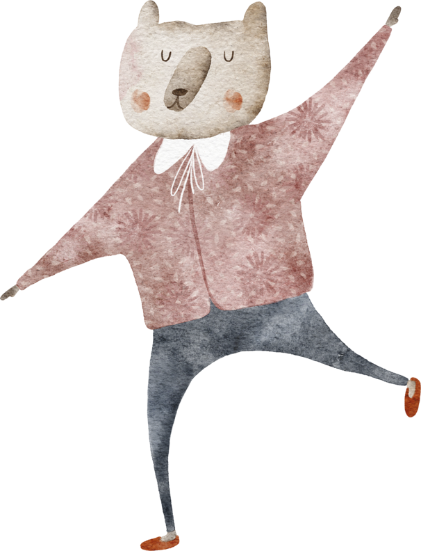 A cartoon of a happy dancing bear in a cardigan